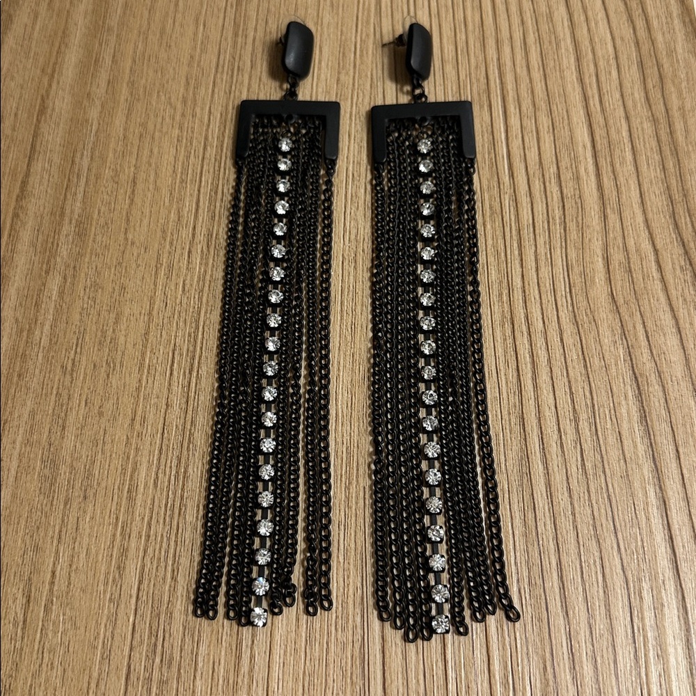 Bebe Tassel Chain Drop Earrings with Crystal Accents